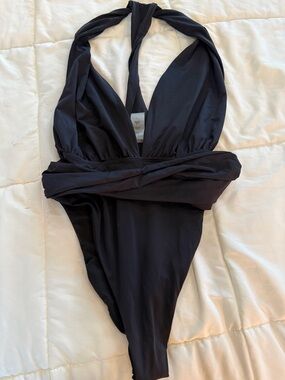 Good American Black Halter One-Piece Bodysuit